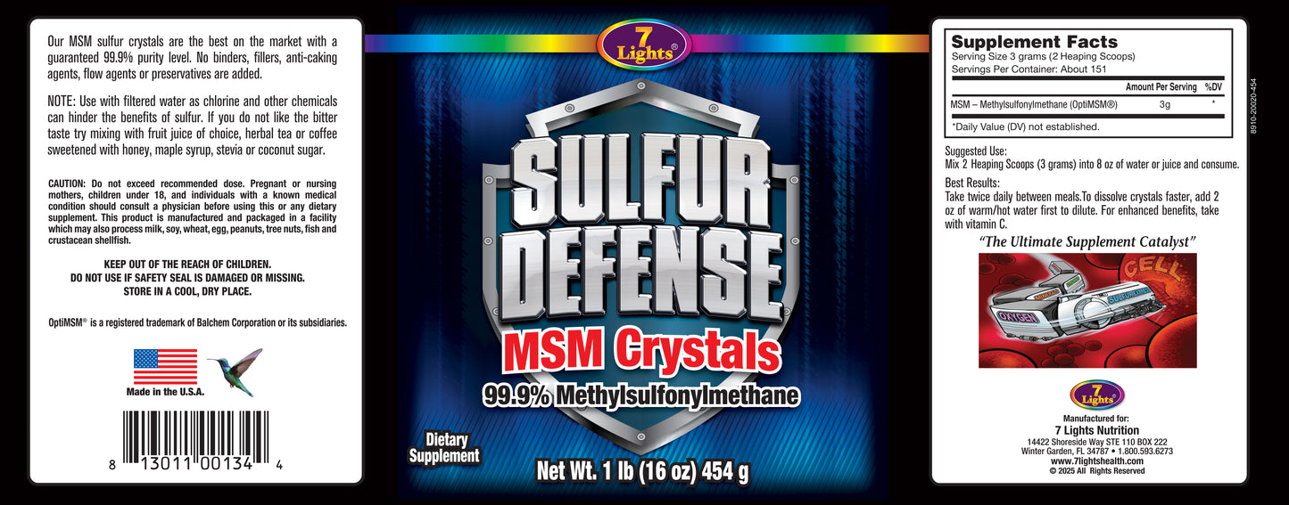 Sulfur Defense OptiMSM® Pure MSM Crystals Powder (1 lb / 454g) - Premium Immune System, Joint Flexibility & Cellular Health Support