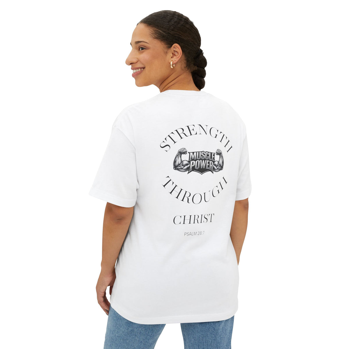 Muscle Power Tee — "Strength Through Christ" Christian Fitness Graphic Shirt