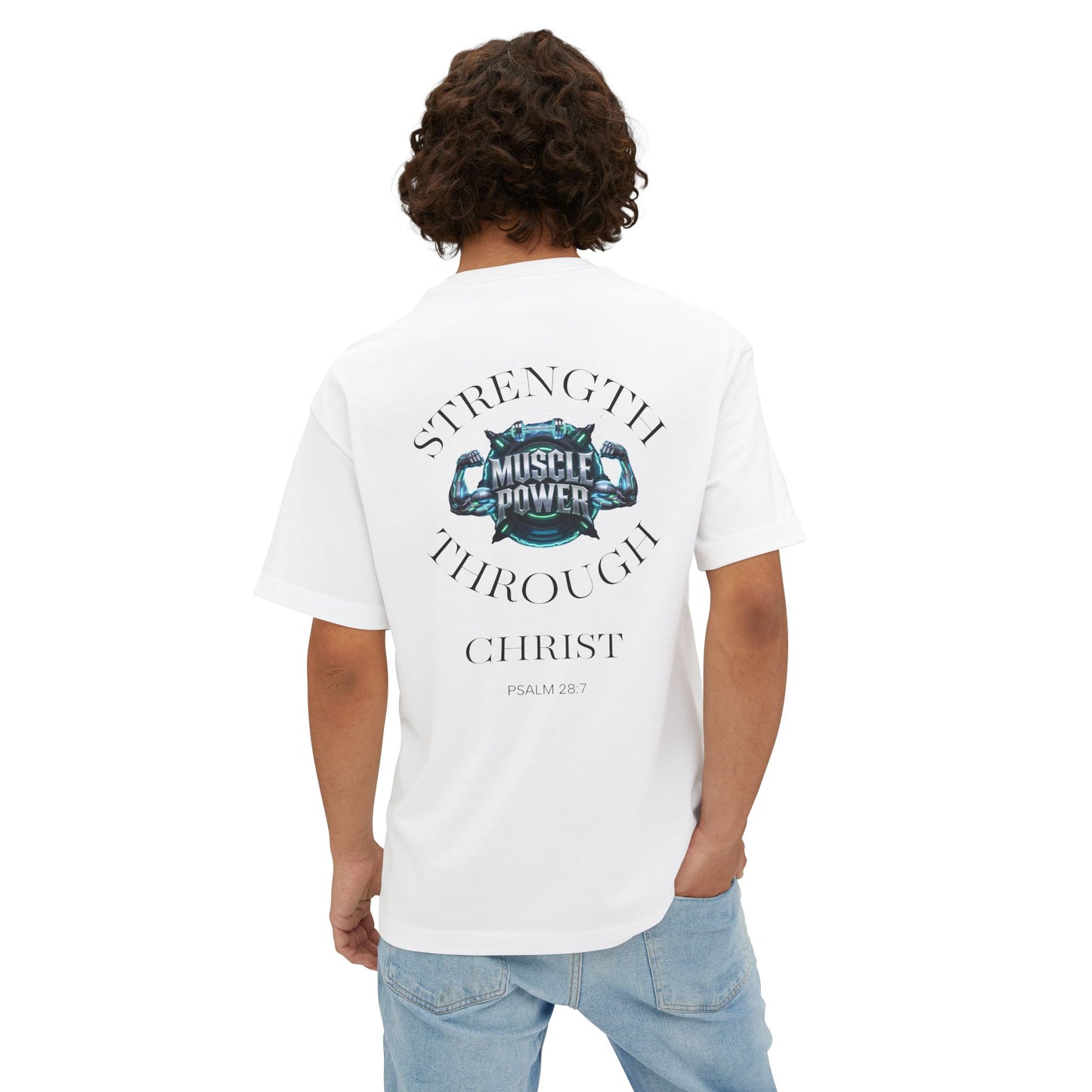 Muscle Power Tee — "Strength Through Christ" Christian Fitness Graphic Shirt