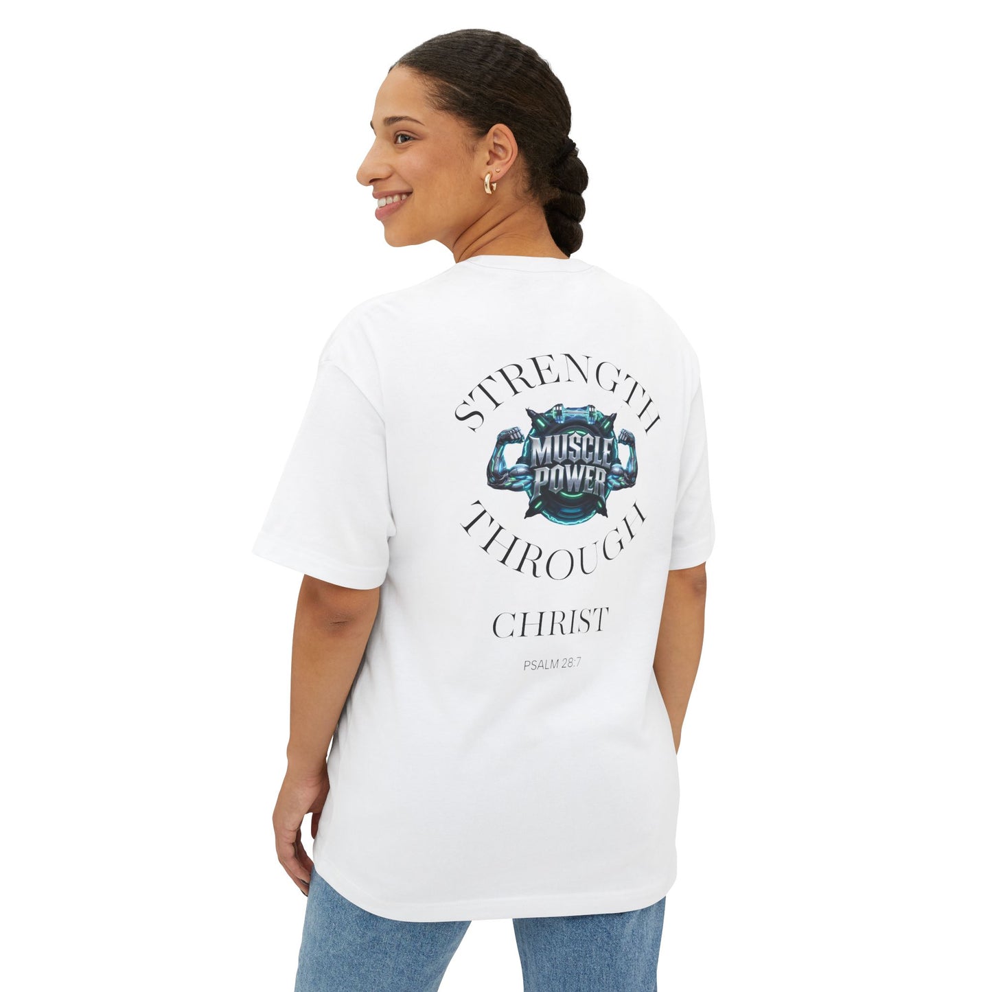Muscle Power Tee — "Strength Through Christ" Christian Fitness Graphic Shirt