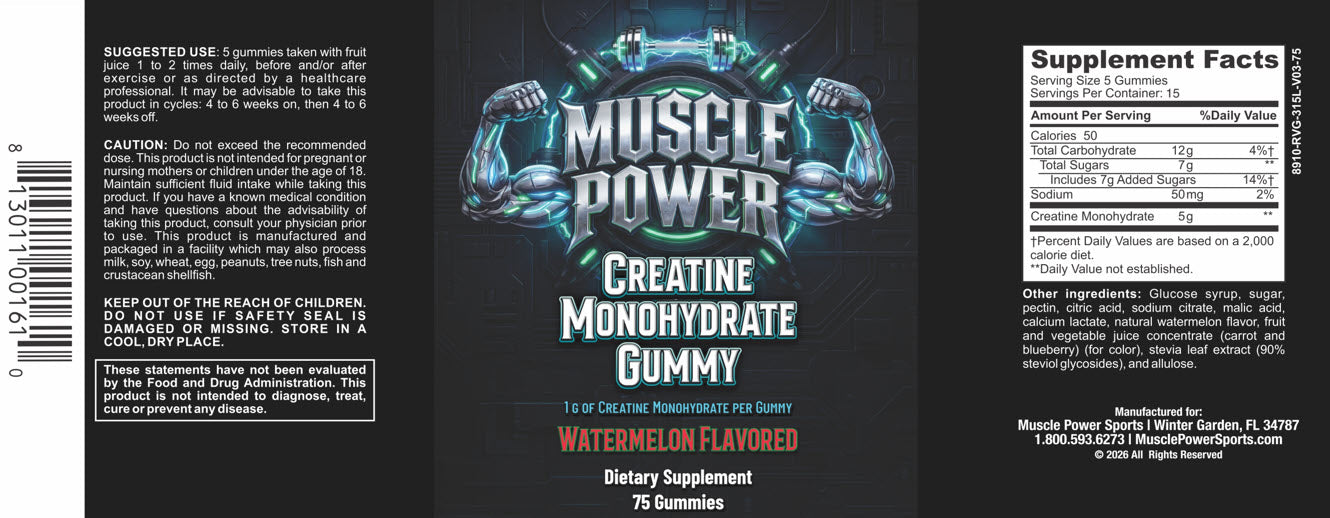 MUSCLE POWER CREATINE MONOHYDRATE GUMMY - SOUR WATERMELON (75 COUNT)